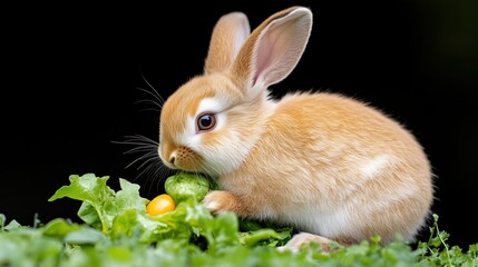 Fototapeta premium A cute rabbit nibbling on fresh lettuce and a small yellow fruit.