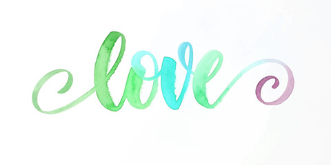 Watercolor love illustration, vibrant green hues, artistic design, romantic theme, decorative wall art.