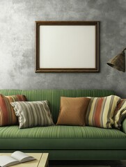 Green Sofa with Striped Pillows and Framed Picture