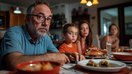 Family Gathering Around Dinner Table with Concerned Expressions
