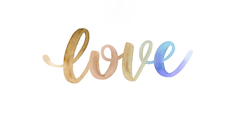Watercolor love lettering, soft pastel colors, artistic design, romantic theme, modern typography, decorative wall art.