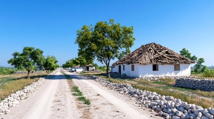 Fototapeta premium A serene rural scene with a dirt road and traditional houses.