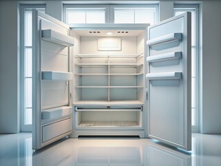 Fototapeta premium Empty Clean White Refrigerator Interior, Open Door, Minimalist Kitchen Appliance