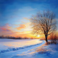 A sunset casting golden light on a winter meadow covered in snow.