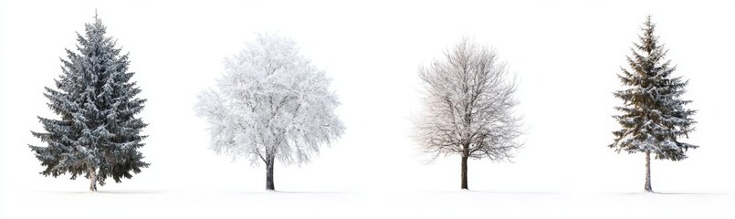Four snow-covered trees isolated on white background. (3)