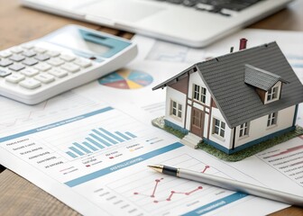 Miniature house model placed on financial documents symbolizing real estate investment and property management amidst digital analytics and reports.