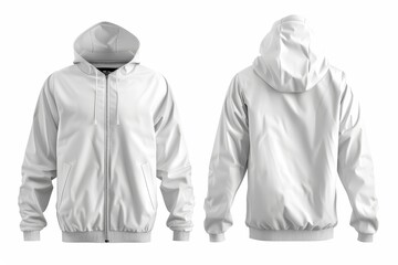 White hooded zip-up jacket, front and back view. © POV Studio