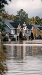 Obraz premium Flooded Suburban Homes with Water in Neighborhood
