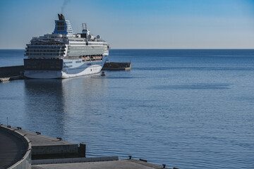Modern cruiseship cruise ship liner Explorer 2 docked at pier in Malaga, Spain during Mediterranean...
