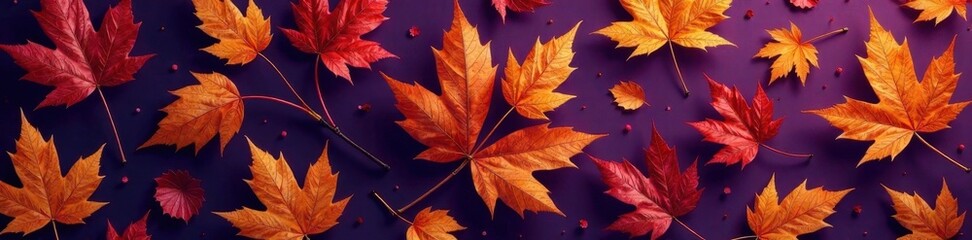 Fototapeta premium Intricate metallic orange leaf pattern against a rich violet Elegant fall aesthetic , purple background, pattern, rustic
