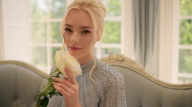 Sensual woman sits on a coach holding a rose,rococo elegance,pastel colored background,rich interior,softly lit room,tranquil atmosphere,intricate details on the dress,conveying serene charm.4K HQ