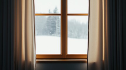 A cozy window view framed by curtains, revealing a snowy landscape outside, creating a serene winter atmosphere.