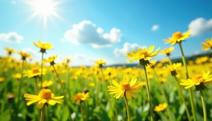 Obraz premium Sunny field of golden dandelions under a vibrant blue sky , bright, scenic, vibrant
