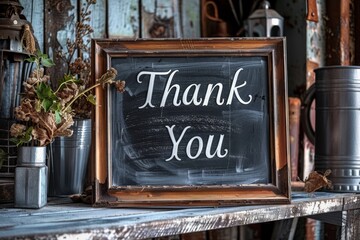 Rustic Chalkboard Thank You Sign on Vintage Shelf