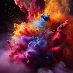 Vibrant color explosion with orange, yellow, blue, and pink clouds on a black background. Abstract dynamic art for posters and prints.