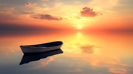 A serene lake with a single boat drifting peacefully, representing solitude, reflection, and the search for personal fulfillment 