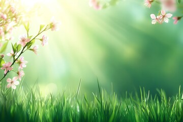 Obraz premium Soft sunlight filtering through blooming branches in a lush green landscape