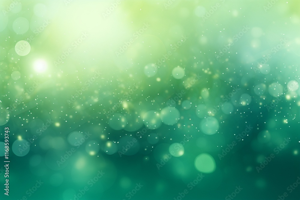Poster soft green bokeh background with gentle light and shimmering particles creating a tranquil atmospher