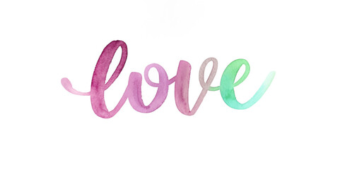 Watercolor love text, vibrant colors, artistic design, romantic theme, modern typography, decorative element.