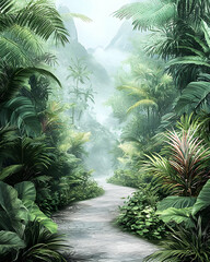 Misty Jungle Path: Lush Greenery, Tranquil Walk
