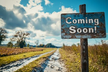 Obraz premium Coming Soon Road Sign Amid Scenic Landscape