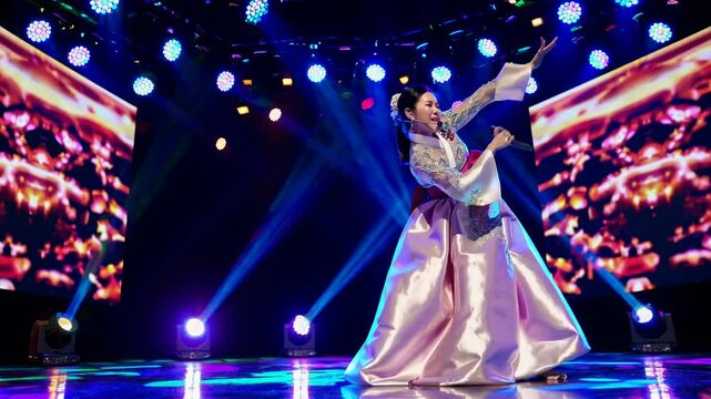 Asian Dancer Yuki, Traditional Outfit with Motion Blur, Indoor Theater Stage, for Promotion or Analysis