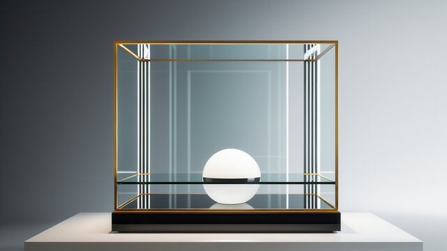 Minimalist glass display case with sphere on modern pedestal