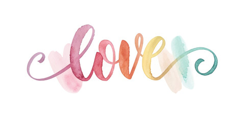 Colorful watercolor love design, vibrant pastel hues, artistic lettering, romantic theme, perfect for cards.