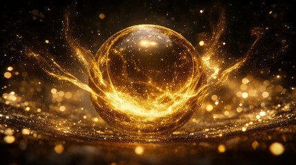 Obraz premium Glowing golden orb with swirling energy, dark background.