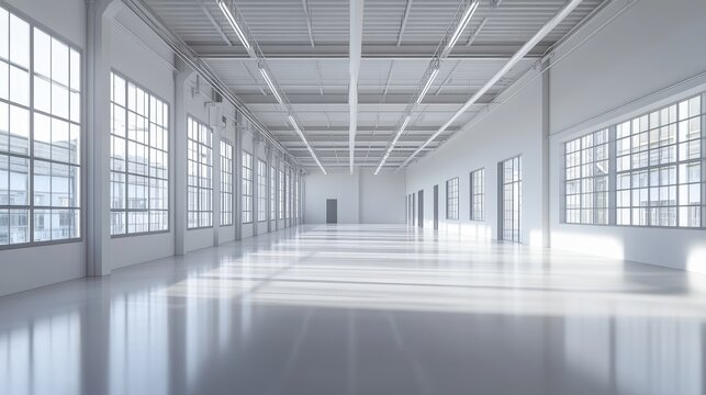 Large empty white industrial warehouse interior with natural light.