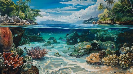 tranquil tropical beach with clear water and coral