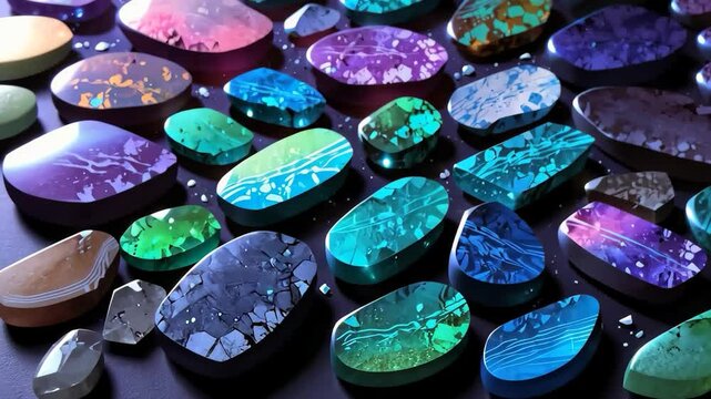 Video footage of collection of colorful, polished gemstones in various shapes and sizes, displaying vibrant hues and intricate patterns, arranged on a dark surface