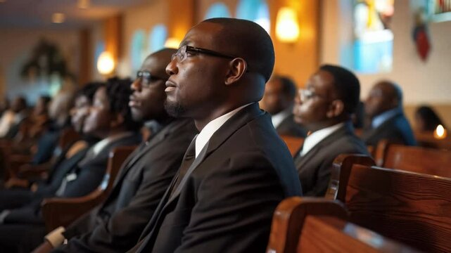 Rows of formally dressed attendees engaged in a reflective church service