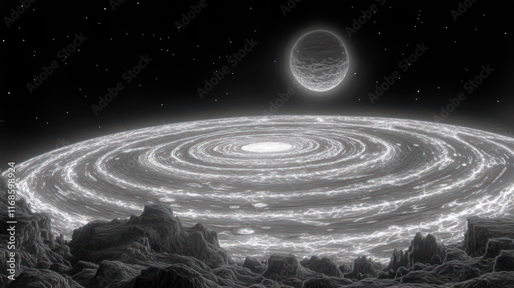 Canvas Prints glowing vortex energy field over rocky planet surface with moon and stars.
