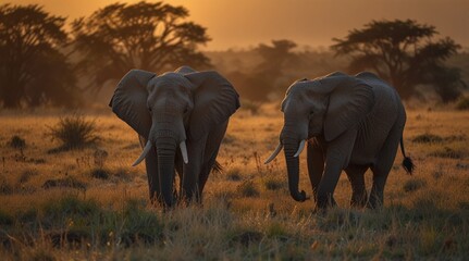 Obraz premium Amazing Line of Elephant Family Marching in Order at Amboseli, Kenya ai generated 