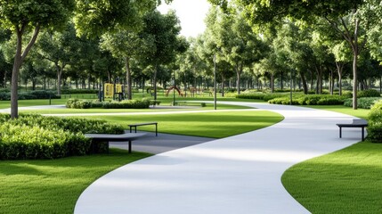 Serene park with winding paths and lush greenery.