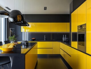 Modern kitchen design featuring yellow cabinets and black accents