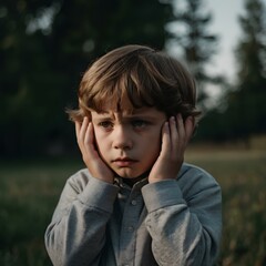 portrait of a boy covering his ears in fear