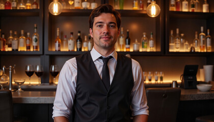 Fototapeta premium Confident bartender standing in modern bar with ambient lighting, hospitality