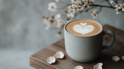 A steaming cup of cappuccino with heart-shaped latte art sits on a wooden table, surrounded by delicate cherry blossoms and rose petals, creating a warm and romantic Valentine's Day ambiance.