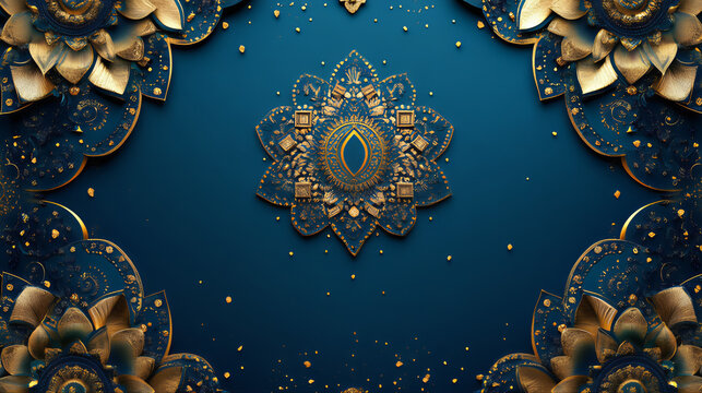 Ornate mandala arabesque floral pattern in luxurious gold and teal. Elegant teal and gold mandala background with ornate details. Elegant mandala design with gold floral ornament pattern