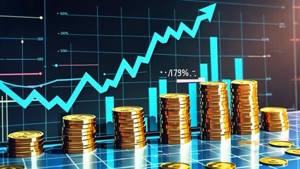Video footage of graph with an upward trend line and stacked coins symbolizes financial growth and investment success