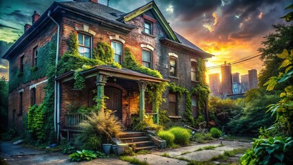 Fototapeta premium Abandoned Urban House Exterior Real Estate Banner - Grungy Industrial Building for Sale