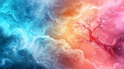 Fototapeta premium Vibrant Cosmic Tree Against Colorful Nebula and Starry Background in Dreamlike Scene