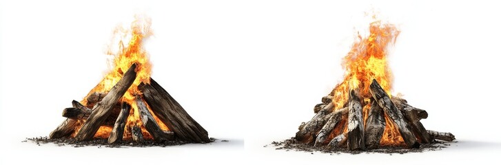 Two burning wood piles isolated on white background.