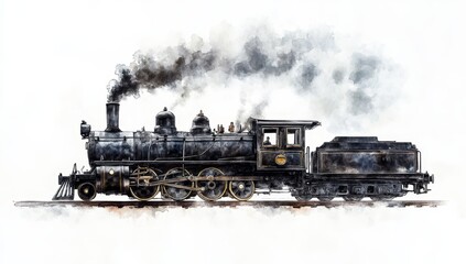 Obraz premium Watercolor painting of a vintage steam locomotive emitting smoke against a white background.
