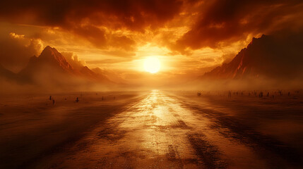 Dramatic sunset over a desert road with mountains.