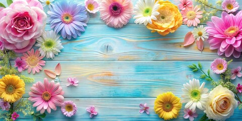 Colorful flowers blooming on a wooden art background with soft pastel hues and delicate floral patterns in shades of pink, blue and yellow, garden design, floral patterns