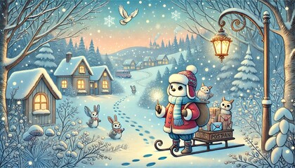 A Whimsical Winter Bird Postman Delivering Enchanted Letters in a Magical Snowy Forest Village