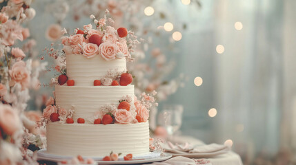 A white three-tiered cake decorated with pink roses, fresh strawberries, and delicate floral details, set against a romantic bokeh-lit background, evoking love and celebration on Valentine's Day.